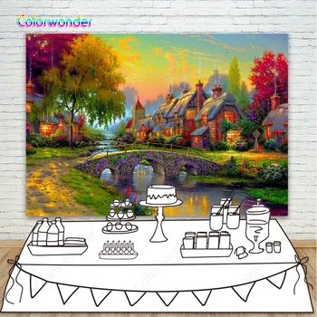 

Photography Backdrop Sunset Glow Rustic Chimney Stone Bridge Background Oil Painting Photocall Wedding Backdrop for Photo Studio