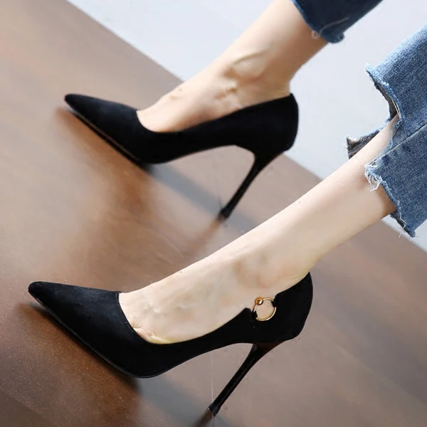 

Korean Wild Metal Round Buckle Suede Pointed Single Shoes Temperament Elegant OL Stiletto Heels Fashion Comfort Womens Pumps