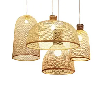

japanese Bamboo Art Pendant Lights Wood Wicker Bird Cage Pendant Lamp restaurant Dining Room Kitchen Fixtures Luminaire E27 220V
