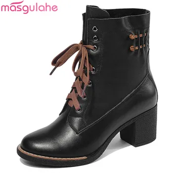 

Masgulahe 2018 fashion ankle boots for women round toe lace up genuine leather boots black brown ladies high heels boots