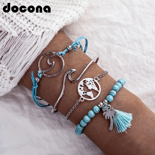 

docona Boho Silver Color Wave Tree Tassel Bracelets Set for Women Green Beadeds Open Layered Bracelet Bangle Set Pulseiras 6741