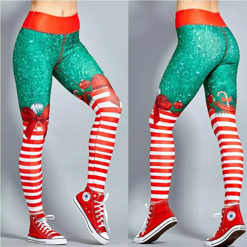 Стиль женские леггинсы для фитнеса полиэстер красный Рождественский полосатый принт леггинсы с цифровой печатью брюки женские брюки стрейтч