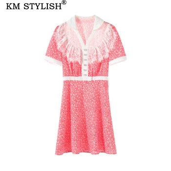 

2019 New Summer Women Clothings Fashion Dress Button Lace Floral Print Turn-down Collar Slim Casual Dress For Female
