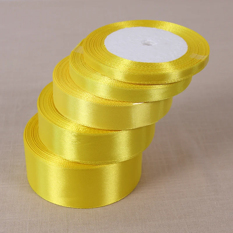 

25 Yards/lot Yellow Color Silk Satin Ribbon Wedding Party Decoration Gift Wrapping Christmas New Year Apparel Sewing Fabric Belt