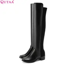 QUTAA/ г. Женские сапоги до колена Повседневная элегантная зимняя обувь универсальные модные женские сапоги из Pu искусственной кожи на квадратном каблуке размер 34-43
