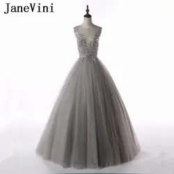 JaneVini серый мать невесты платья глубоким v-образным вырезом бальное платье с кружевной аппликацией из бисера Sheer Вернуться Тюль Формальное