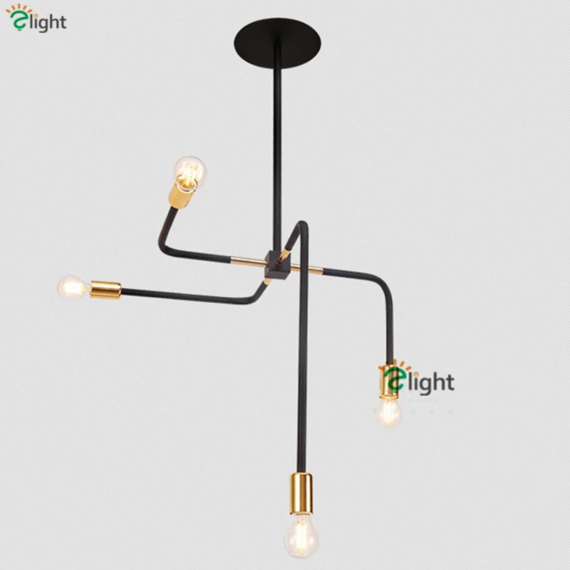 4 Light Nordic Minimalism Cross Matte Black Metal Led Chandelier Dining Room Plated Gold E27 Lampholder Pipe Chandelier Lighting