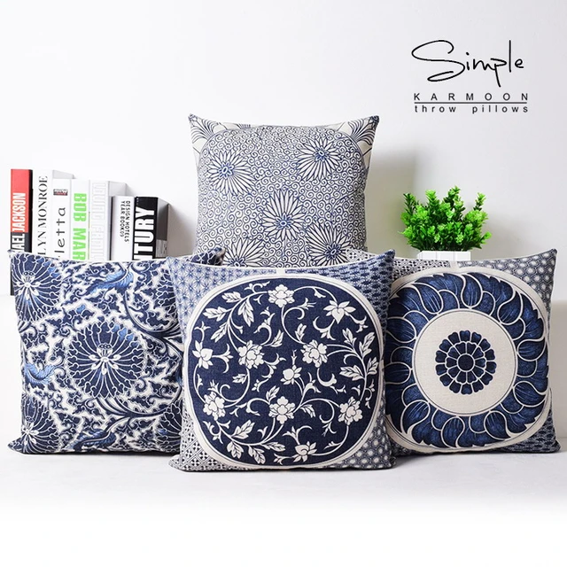 Hot Oriental Blue Floral Cushion Cover Pillow Case Linen Chinese