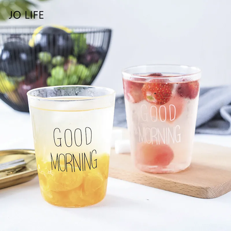 

JO LIFE 1PC Transparent Coffee Cup 300ML Black/White Good Morning Printed Milk Juice Wine Glass Cup