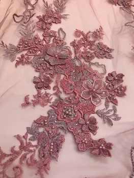 

High grade tulle lace African French net lace SH-81427 fabric with beads 3d flower embroidery lace for bridal dress