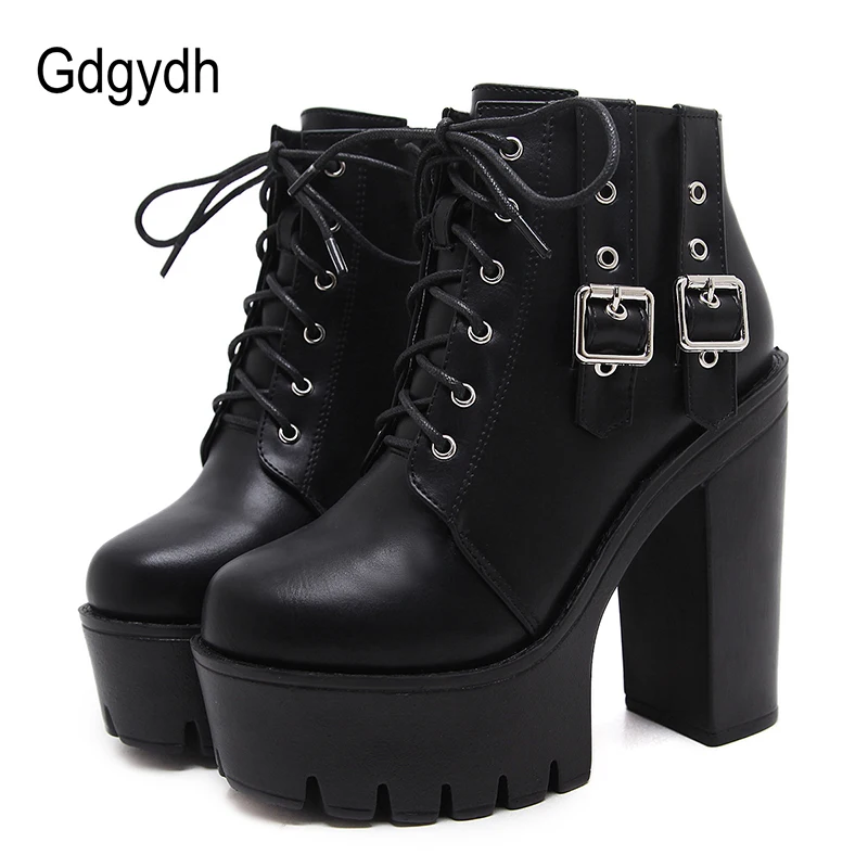 

Gdgydh 2019 Spring Women Ankle Boots Heels Lacing Platform Boots Female Black Footwear Woman Boots Fashion Rivet Drop Shipping