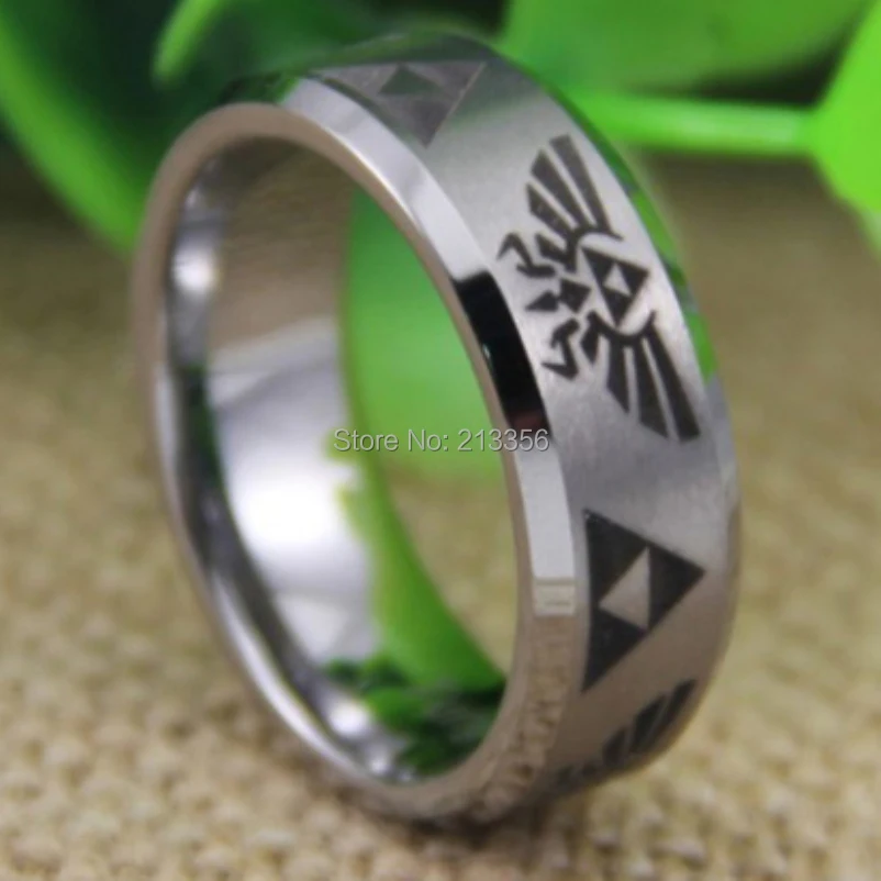 

Cheap Price Free Shipping USA UK CANADA RUSSIA Hot Selling 8MM Legend of Zelda Satin Silver Beveled Tungsten Wedding Band Ring