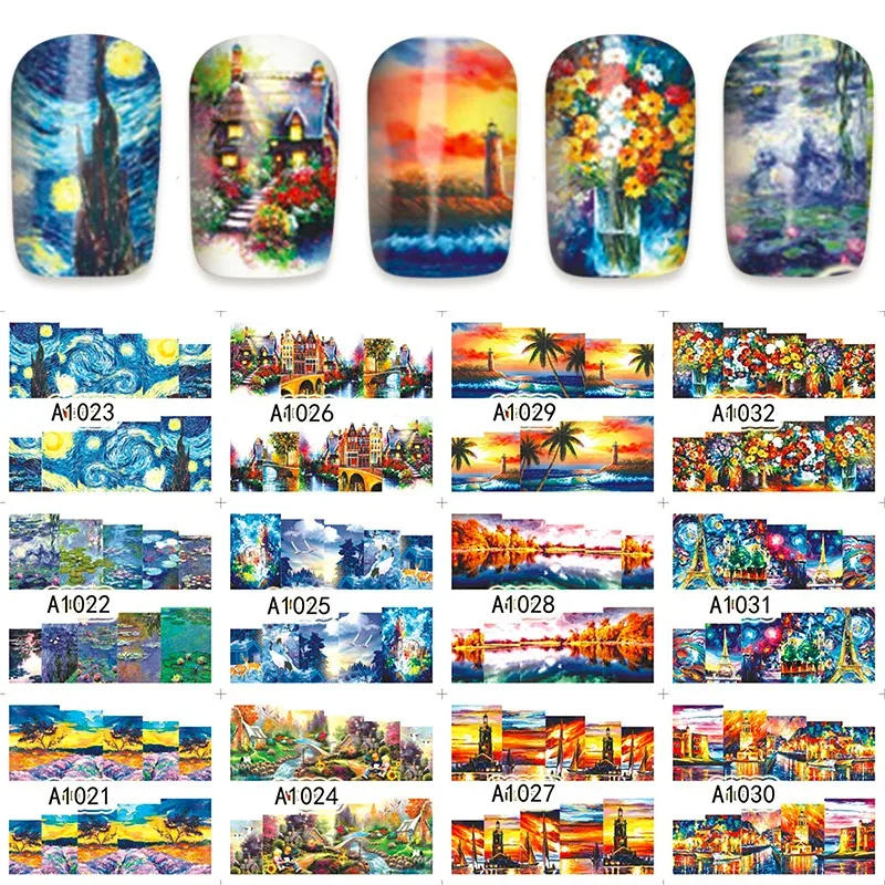 

12 sheets water decal nail art nail sticker Decorations slider tattoo full Cover beauty retro oil painting style decals A1032