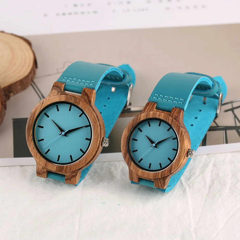 Lover Wood Watch Black Hour Hand Bracelet Minimalist Bamboo Dial Blue Quartz Genuine Leather Wristwatch Couple Anniversary Gift (10)