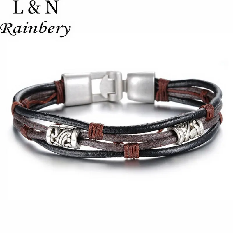 Rainbery Vintage Genuine Leather Triple Bracelet for Mens In Brown Cuff Bangles with Zinc Alloy Clasps Wristband Pulseiras
