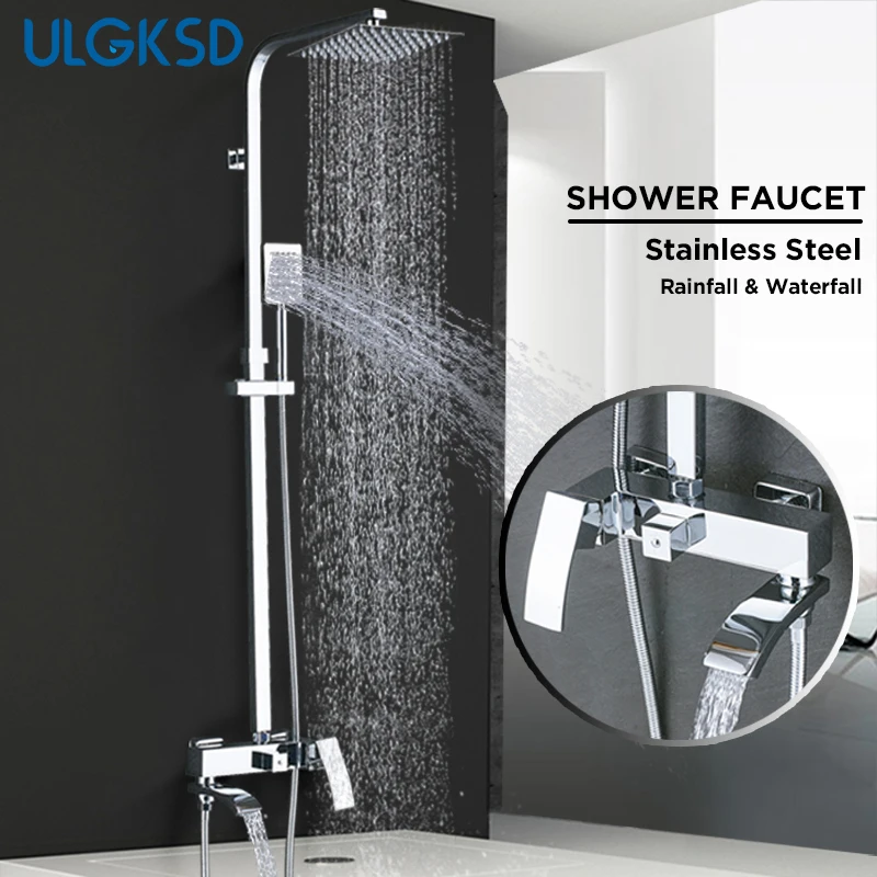 

ULGKSD SUS304 Shower Faucet Set Rainfall Shower Head Waterfall Tub Spout Mixer Valve W/ Handshower For Bathroom Shower