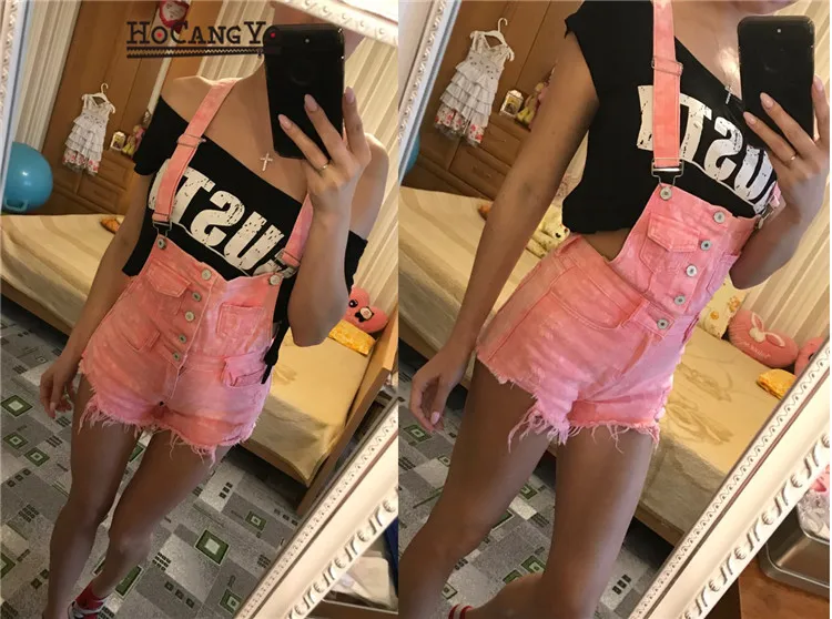 2018 spring new hot cowboy bibs low waisted breasted hole Korean fashion strap shorts female (4)