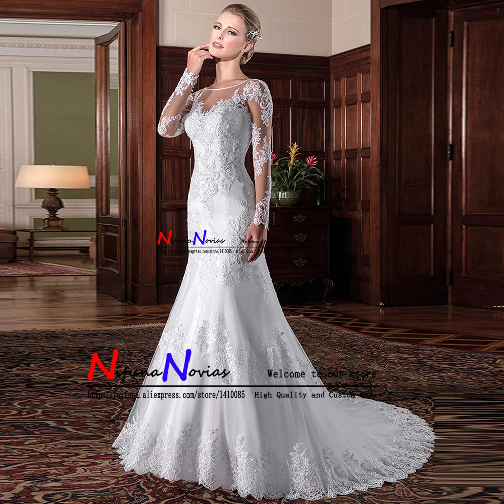 

Sexy Back Long Sleeve Wedding Dresses 2019 vestidos de noiva China Bridal Gown Luxury Pealrs Lace Mermaid Wedding Dress Mariage