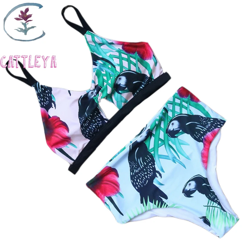 

CATTLEYA 2018 New Bikini Set Bird Print Swimwear Women Swimsuit Hollow Out Bathing Suit Bikini High Waist Swimming Suit OMWM