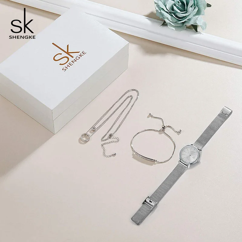 Shengke, розовое золото, женские часы, набор, роскошный кристалл, дизайн, серьги, ожерелье, часы, набор, коробка, часы, рождественские подарки, ювелирные изделия для женщин