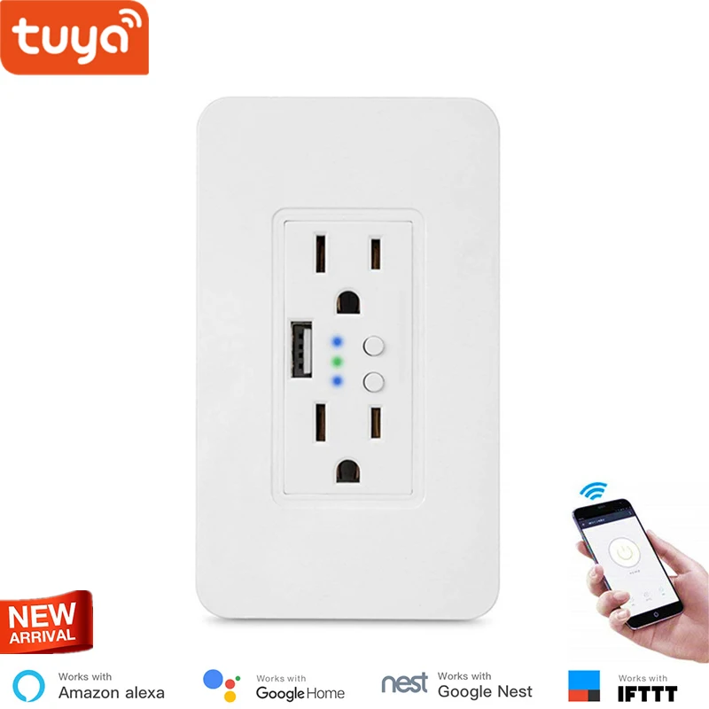 

Tuya Smart WIFI Wall Outlet Socket with 2 Independent control AC sockets and 5V 2A USB Output US standard IFTTT support