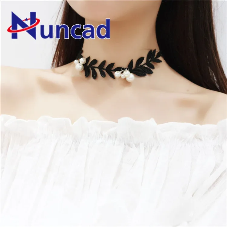 

Black White Lace Leaf Pearl Necklace Collar Chokers Necklaces Woman Lovely Girl's 2018 Summer Clavicle Chain Necklace Jewelry