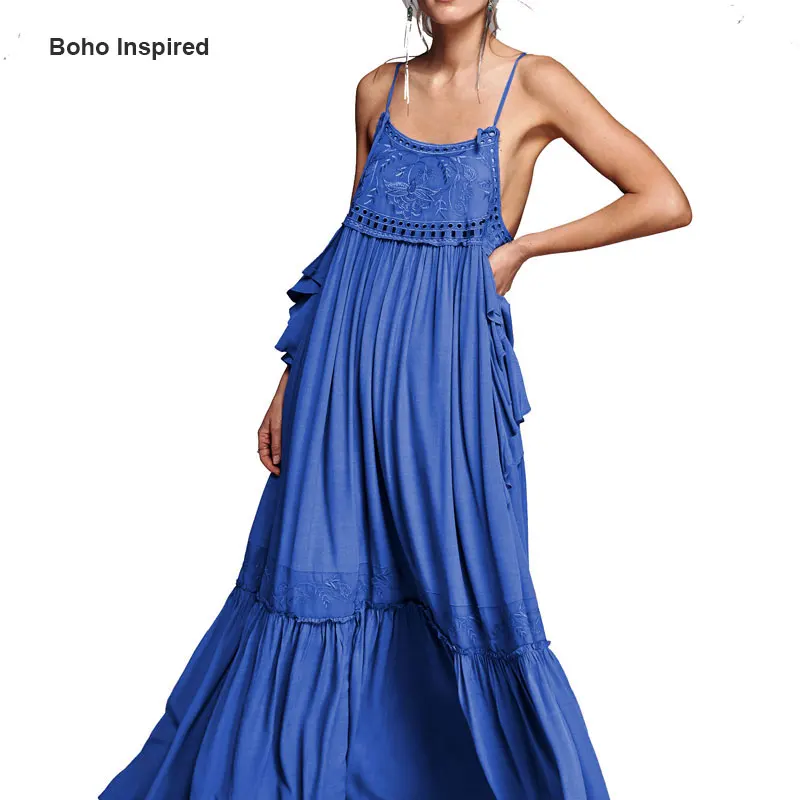 Buy women casual floral embroidery loose sexy summer sundresses sleeveless long