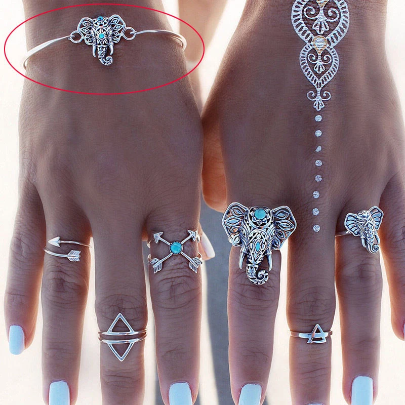 Women Retro Ethnic Boho Hollow Elephant Totem Bangle Bracelet Cuff Jewelry