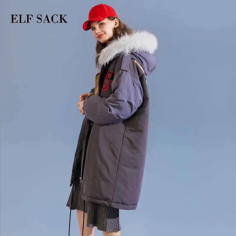 ELF SACK Women Winter Long Down Coats Fox Prints Hooded Fur White Duck Down Coats Warm Thick Longs Down Jackets Fashion Week Coats