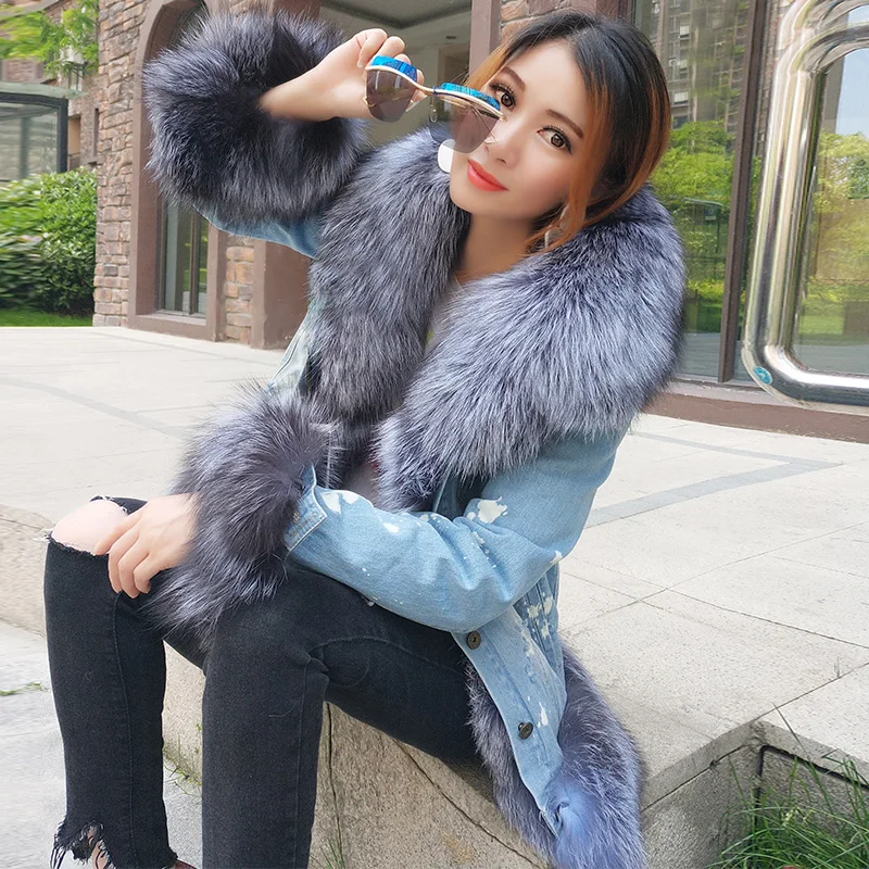 

2018 new winter casual warm fashion short fur jacket faux fur Liner with luxurious wool fur collar denim coat