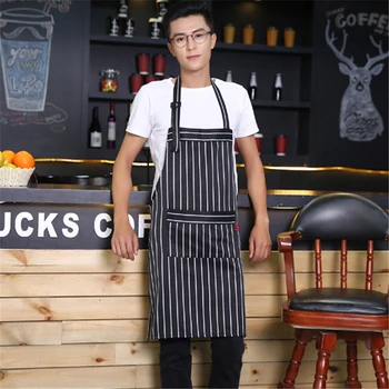 

2018 Fashion Apron for Woman Men With Pocket Adjustable Pinafore Unisex Cotton striped painting cafe Kitchen Chef Waiter Cooking