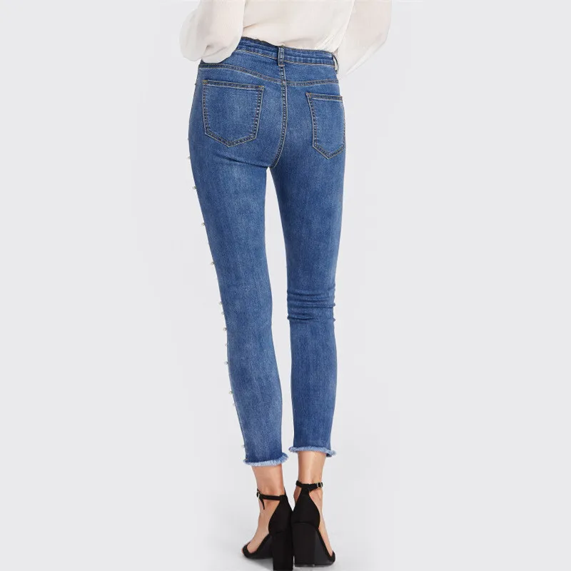 MORUANCLE Модные женские обтягивающие джинсы-карандаш с жемчугом, высокая талия, Стрейчевые джинсовые штаны, украшенные бисером, потертые эластичные джинсовые брюки
