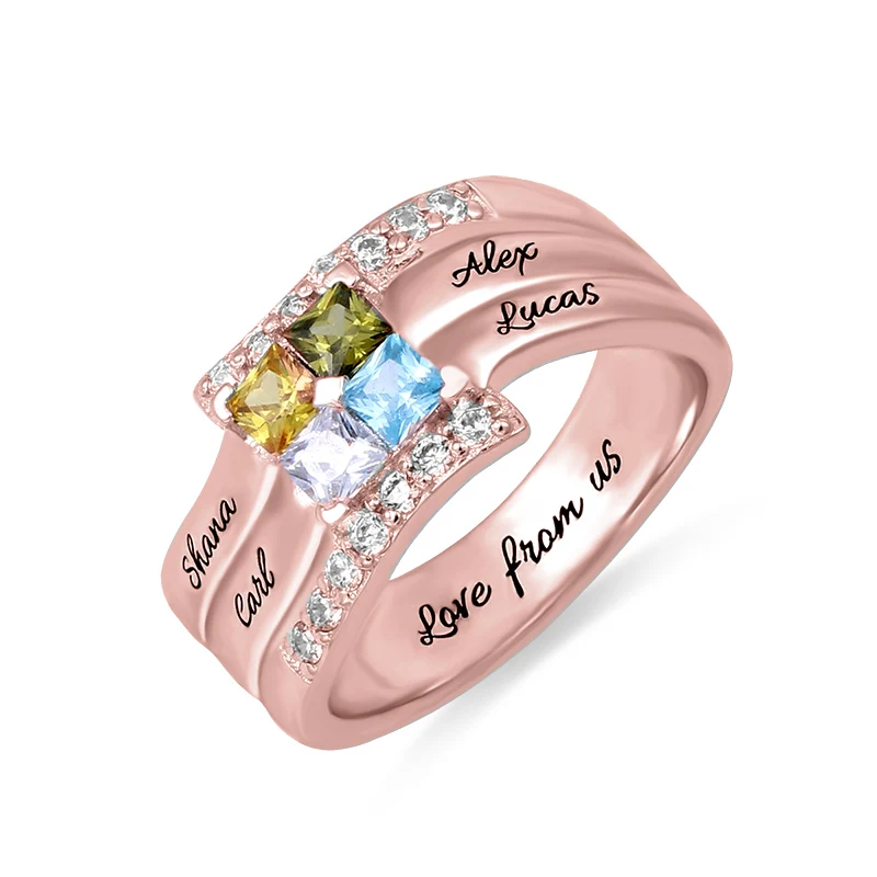 

AILIN Customized Sterling Silver Quad Birthstone Ring For Women Engraved Ring For Mom Mother's Day Gift In Rose Gold