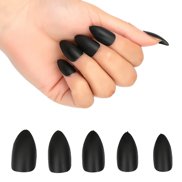 12pcnail Art Simple Design Red Black Matte Long Pointed Head Matte