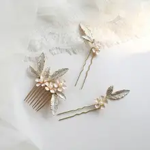 Свадебная расческа для волос шпильки нежный головной убор с жемчужинами лист и золотой цветок Свадебная прическа аксессуары