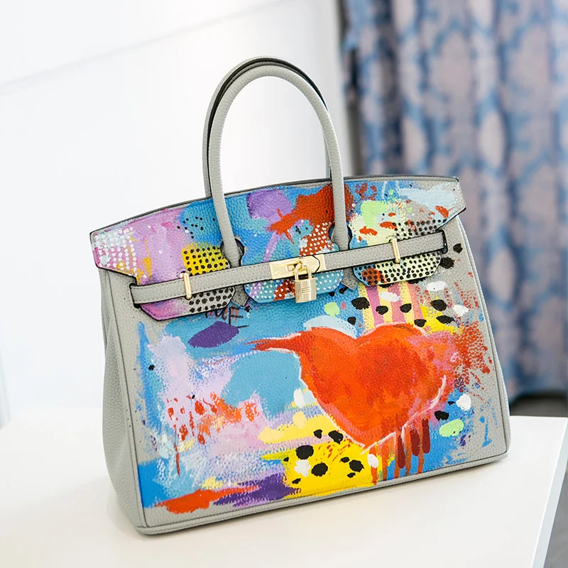 

2016European High Quality Original hand-drawn cartoon Large capacity Platinum package 34CM PU leather Gold hardware Graffiti bag