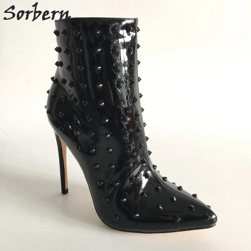 Sorbern/модные женские ботильоны с заклепками; Черные ботильоны ручной работы с острым носком; женская обувь больших размеров; женские ботинки;... Sorbern/модные женские ботильоны с заклепками; Черные ботильоны ручной работы с острым носком; женская обувь больших размеров; женские ботинки;...