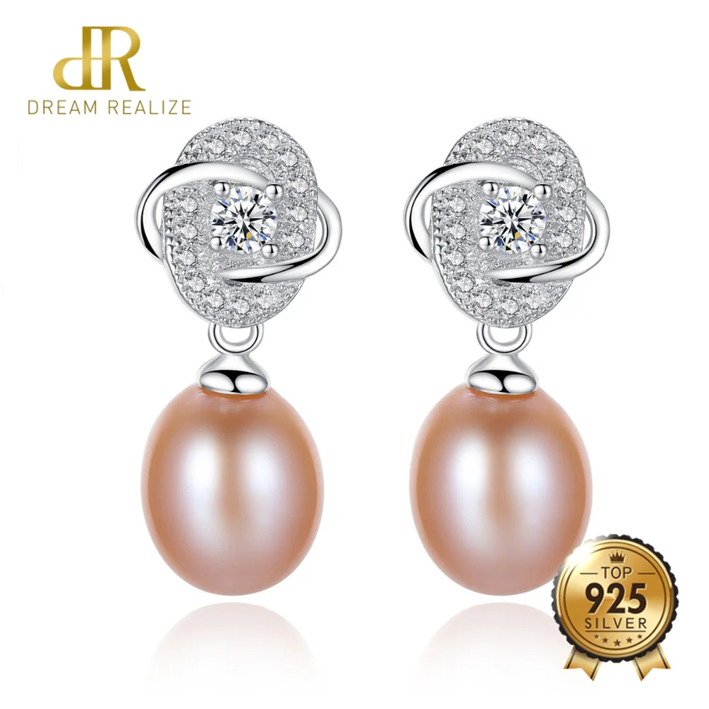 

DR Vintage Flower Stud Earrings 925 Sterling Silver Tiny Cute White Pink Purple Natural Pearl Fashion Design for Women Jewelry
