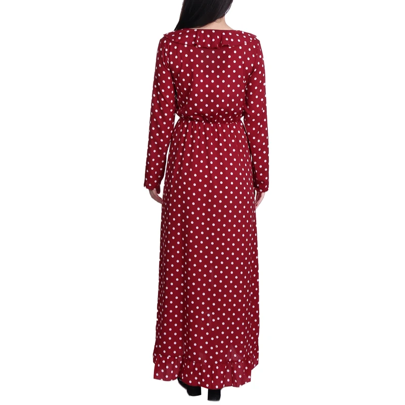 Лето осень винтажное красное платье шифоновое платье в горошек женское длинное сексуальное платье с v-образным вырезом с оборками уличная одежда макси платья