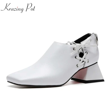 

Krazing Pot new Autumn genuine leather preppy style square toe rivets decoration cross-tied fashion classical med heel pumps L71