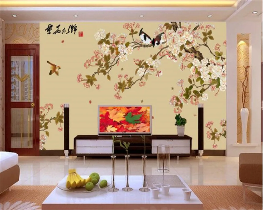 Custom HD Hand Drawn Flowers and Birds TV background wall painting wall  paper Bedroom 3d wallpaper home decor tapety beibehang
