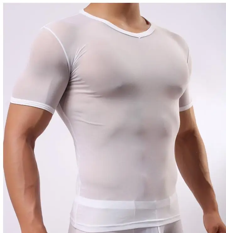 Sexy Mens Mesh See Through Transparent T Shirts Men's Sexy Tights Undershirt Summer Sexy Fitness Tops Tees