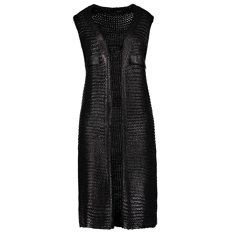 Koop Queenus 2018 Nieuwe Lente Vrouwen Lange Vest Jas Patchwork Straight Pocket Mouwloze Vest Bohemen Zwarte Dames Vest Jassen