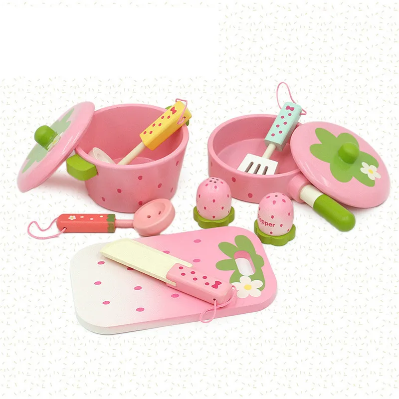 

High quality 9pcs Kawaii Wooden Kitchen Play Set Toys Lovely Pink Cooking Pots Children Pans Food Kitchen Utensils