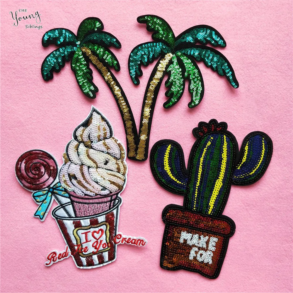 

Sequins Tree Cactus Ice Cream iron on Patches for Clothes badges Sewing embroidery Bag jacket Sticker DIY Clothing Accessories