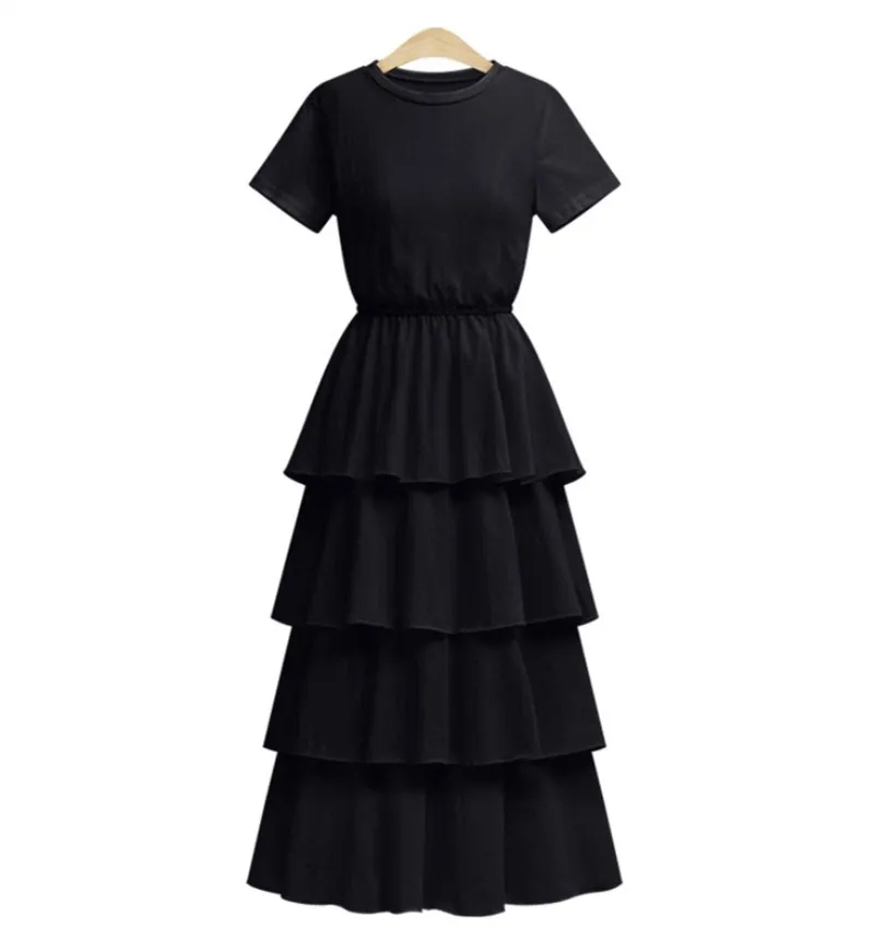 

Fashion Vestidos Solid Color Cake Dresses Cascading Ruffle A-Line Short Sleeves Mid-Calf Dress O-Neck Dress Casual Dress