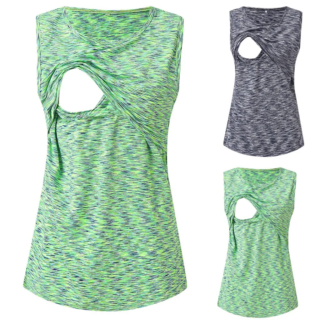 MUQGEW Pregnant Women T-Shirt Solid 0-Neck Costumes Breastfeeding Maternity Analik Nursing Double Layered Stripe Tank Top Shirts