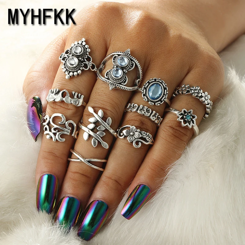 

MYHFKK 11pcs vintage ring boho variety ladies ring combination ring set ethnic style ring girl gift JZ016