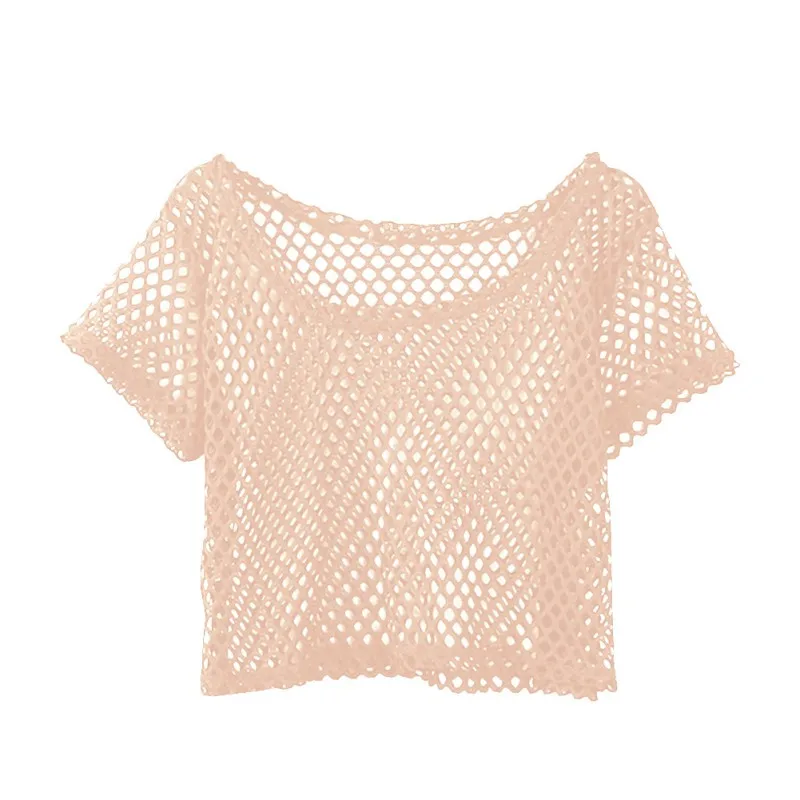 Модный Топ ажурная рубашка женские сетчатые Топы с коротким рукавом Обрезанные футболки - Цвет: Beige