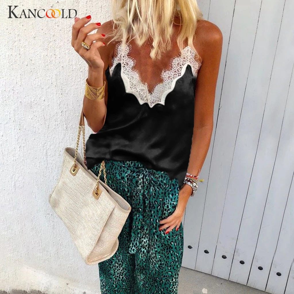 

KANCOOLD top Women Sexy V-Neck Lace Up Patchwork Sleeveless Tank Camis fashion casual Solid summer new top femme 2018dec27